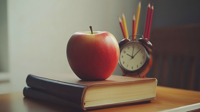 Apple On Stack Books With Pencils And Alarm Clock - Back To School