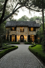 A beautiful home in the French château style, with stone walls and black windows, nestled amidst lush greenery on an elegant driveway surrounded by hedges. The front door is centered.
