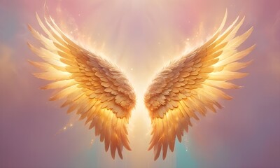 A pair of large, golden angel wings with intricate feather details against a bright, glowing background
