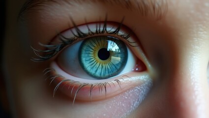 Fototapeta premium Close-up of a person's eye, showcasing the intricate details of the iris, pupil, and eyelashes. The captivating blue and green hues create a mesmerizing effect.