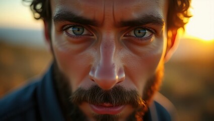 Close-up portrait of a young man with intense eyes, captured during the golden hour. The warm light illuminates his face, highlighting his beard and expressive features.