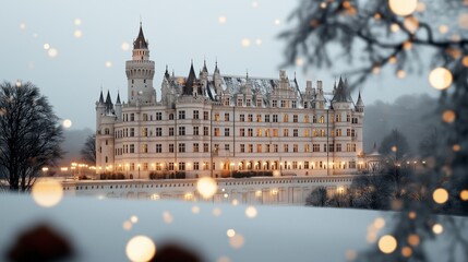 Obraz premium Enchanted Fairy Tale Castle in a Winter Wonderland with Glowing Lights and Snowy Landscape, Captured in Beautiful 2D Standard Gigapixel Quality