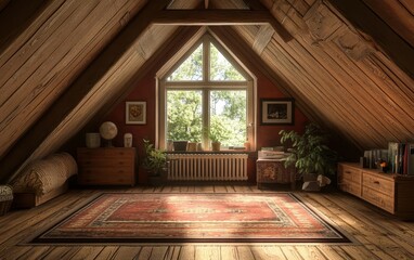 A cozy attic room with wooden beams, large window, plants, and vintage decor, creating a warm and inviting atmosphere.