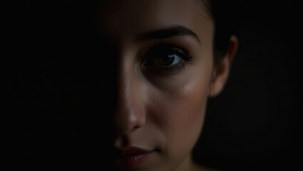 Fototapeta premium Mysterious half-lit portrait of a young woman. Her expressive eye and soft features are highlighted against a dark background, creating an intriguing mood.
