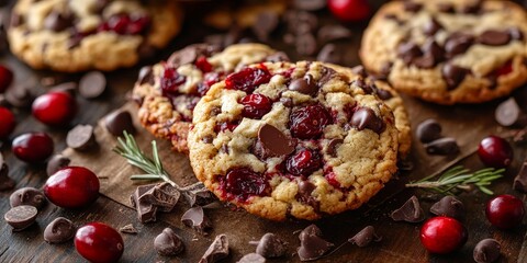 Fototapeta premium Indulgent cookies featuring rich chocolate chips and vivid red cranberries, offering a delightful combination of melting chocolate and tart berry flavor throughout.