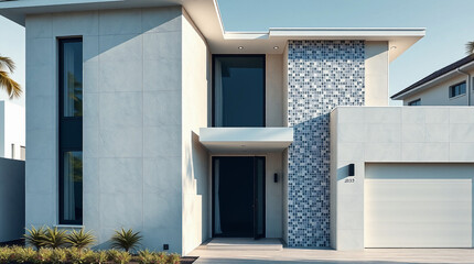 Fototapeta premium Modern two-story house with light gray stucco walls, dark-framed windows, and a patterned stone accent wall. A recessed entryway and attached garage are visible. Landscaping is minimal.