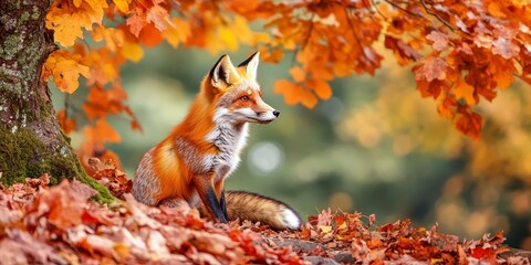 Fluffy red fox, a vibrant vulpes vulpes, gazes back at colorful foliage in autumn nature. This furry mammal observes the brilliant orange leaves, blending beautifully with the fall forest.
