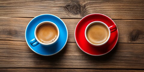 Obraz premium Two mugs of hot coffee are displayed from above, featuring red and blue cups on coordinating plates, all set against a warm brown wooden backdrop, creating an inviting coffee scene.