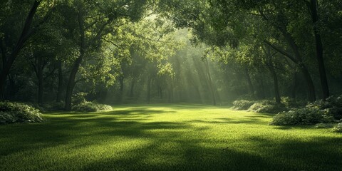 Obraz premium Lush green clearing featuring vibrant grass and trees with dark green branches, creating a serene atmosphere in this beautiful green clearing for nature lovers and outdoor enthusiasts.