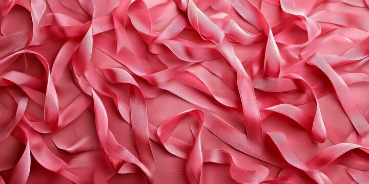 An overhead perspective showcases a substantial, disordered collection of pink ribbons that symbolize awareness for breast cancer and its importance.