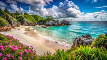 Naklejka premium Stunning Bermuda Pink Sand Beach Landscape, Turquoise Ocean, Lush Green Vegetation