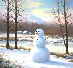 Obraz premium Illustration of snowman with winter landscape.