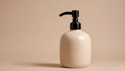 A glass bottle with a black pump dispenser on a beige background