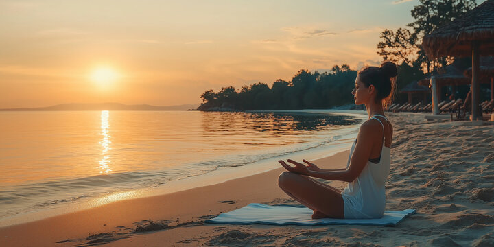 Young woman practicing yoga on the beach at sunset. Healthy lifestyle concept - Powered by Adobe