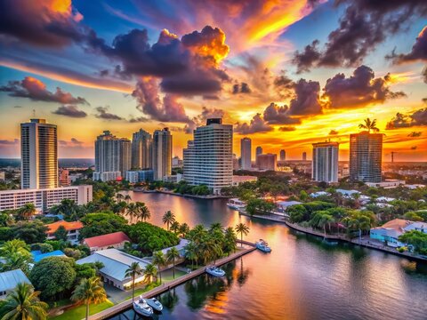 Stunning Fort Lauderdale Skyline at Sunset, Cityscape Panorama, Florida Coastline