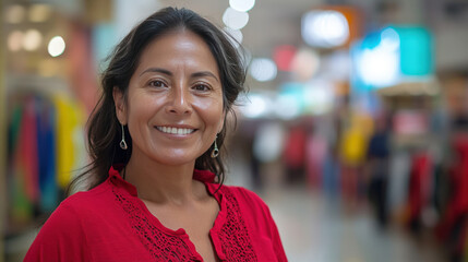 Smiling woman in red shirt standing in a vibrant market showcasing fashion and lifestyle in a bright, lively environment with soft focus effect