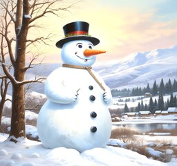 Obraz premium Illustration of snowman with winter landscape.