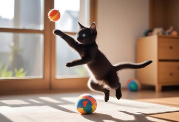 A kitten jumping and playing with a toy in a home environment during the daytime with bright sunlight in the background