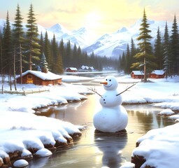 Fototapeta premium Illustration of snowman with winter landscape.