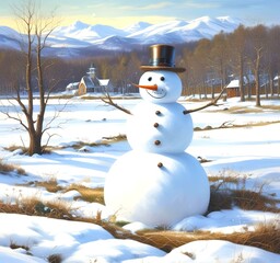 Obraz premium Illustration of snowman with winter landscape.