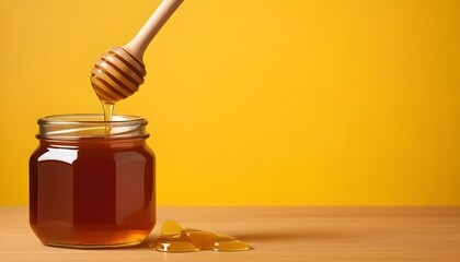 A glass jar filled with honey, with a wooden honey dipper dipped into the honey against a bright yellow background
