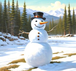 Obraz premium Illustration of snowman with winter landscape.