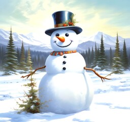 Obraz premium Illustration of snowman with winter landscape.