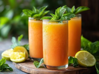 Three refreshing orange drinks garnished with mint leaves, served in tall glasses, surrounded by fresh mint and lemon on a rustic wooden surface.