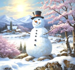 Obraz premium Illustration of snowman with winter landscape.