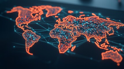 Digital world map with glowing connections in orange and blue tones.