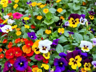 A biodynamic garden in full bloom, featuring a vibrant array of edible flowers such as nasturtiums, violas, and pansies, set amidst a lush bed of leaves and blossoms