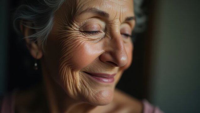 Close-up portrait of a smiling senior woman with her eyes closed, showcasing the beauty of aging gracefully. Warm, soft light accentuates her facial features and wrinkles.