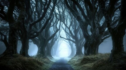 Enigmatic Forest Pathway with Mist and Twisted Trees at Dawn
