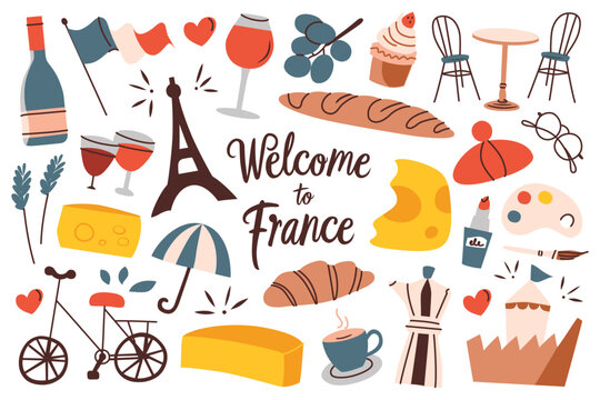 Vector illustration of French culture symbols with lettering. Eiffel Tower, baguette, cheese, wine, beret, and croissant in cartoon style. Travel to France set, Parisian theme collection