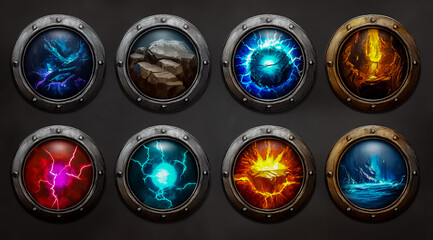 Round metal frames featuring stone textures and lightning effects inside each frame