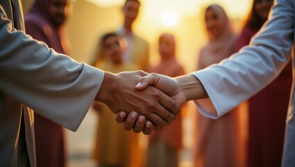 Two people shake hands in front of a group of people at sunset. A moment of connection and unity.