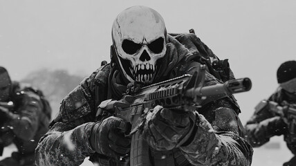 A black-and-white realistic photo of a ghostly figure holding a machine gun and wearing a skull mask, standing in the snow surrounded by other soldiers.