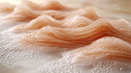 Abstract textured surface of light orange foam or fabric, wet and bubbly.