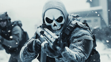 A black-and-white realistic photo of a ghostly figure holding a machine gun and wearing a skull mask, standing in the snow surrounded by other soldiers.