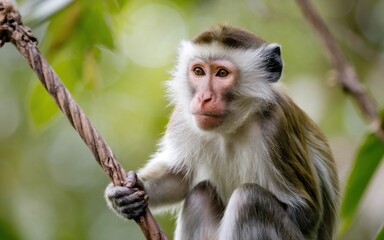 Obraz premium A beautiful portrait of a white-faced monkey in the jungle with a bokeh background