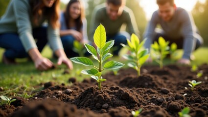A group of friends plants saplings together, symbolizing growth, teamwork, and environmental consciousness. The warm sunlight enhances the vibrant green of the plants against the rich brown soil.