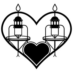 Black and White Romantic Dinner Scene in Heart-Shaped Frame with Lanterns