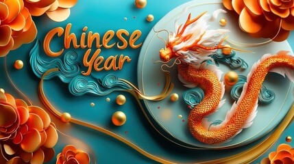 Chinese New Year text framed by red and gold clouds and a dragon tail