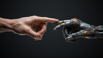 Naklejka premium A human finger and a cyborg's metallic finger are reaching toward each other, their tips almost touching, symbolizing the connection between humanity and technology.