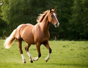 Obraz premium cute brown shining horse gallops long hairs in the meadow forest closeup shot nature wildlife concept 