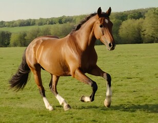 Obraz premium cute brown shining horse gallops long hairs in the meadow forest closeup shot nature wildlife concept 