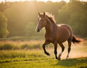 Fototapeta premium cute brown shining horse gallops long hairs in the meadow forest closeup shot nature wildlife concept 