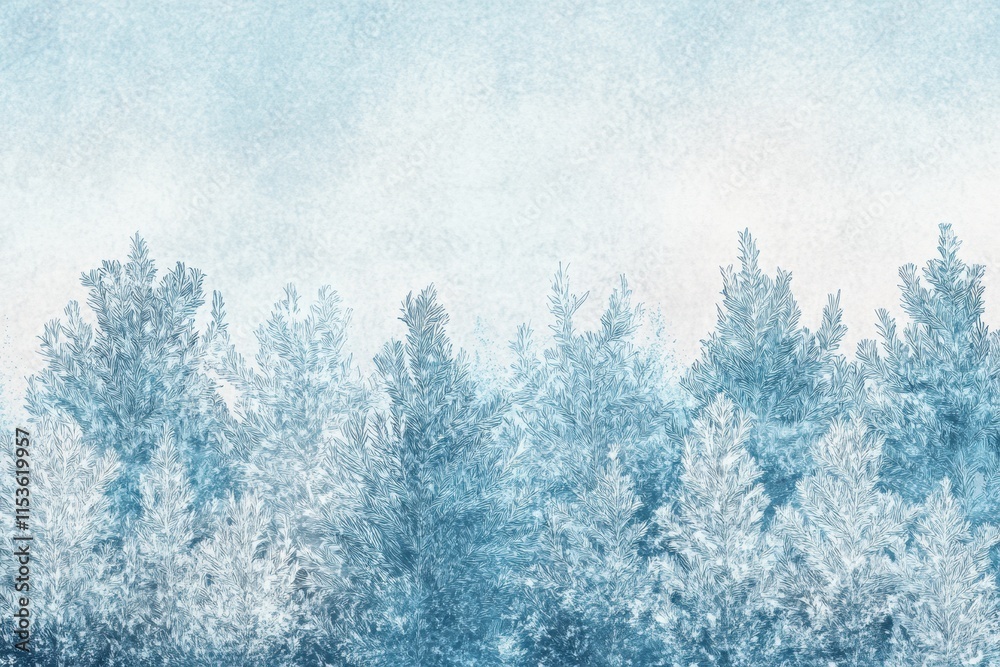 Poster winter themed doodle featuring frosty trees in a serene snowy landscape with a soft blue hue. genera