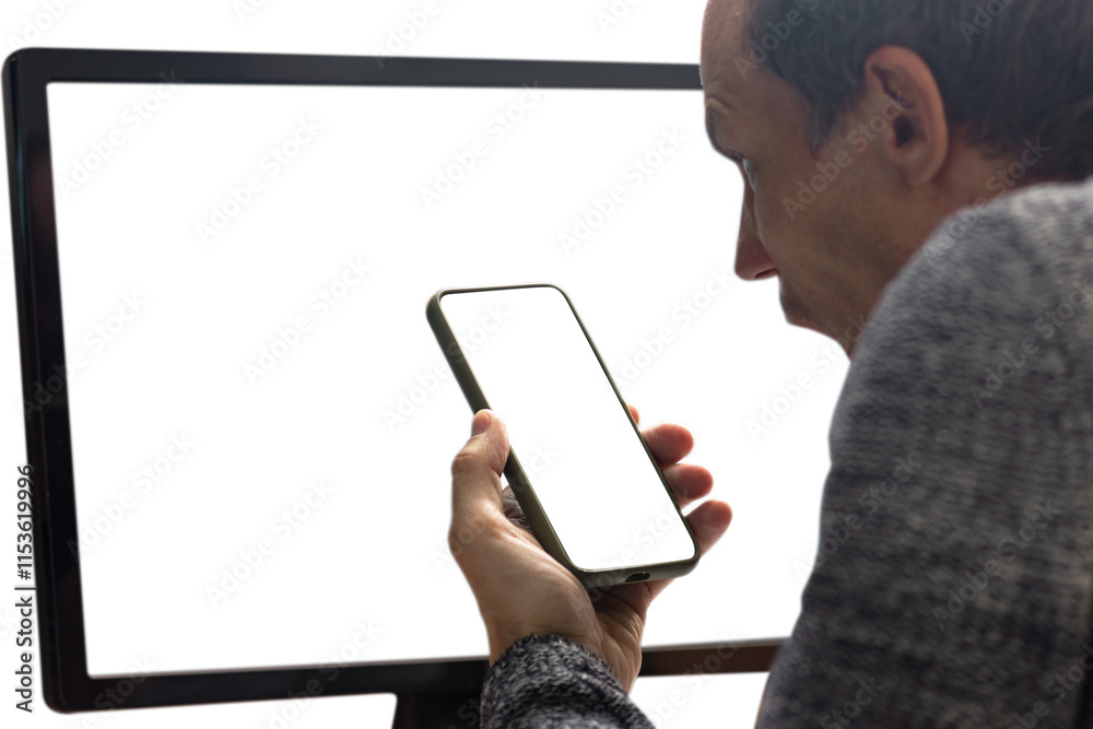 Poster frustrated angry man screaming while calling to tech support. man at computer with smartphone, back 