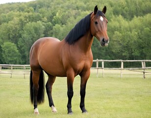 Fototapeta premium cute brown shining horse long hairs in the meadow forest closeup shot nature wildlife concept 